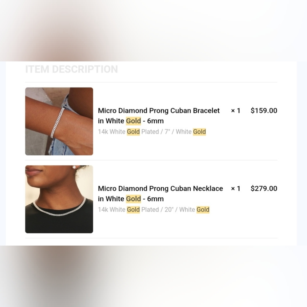 New GLD white gold necklace and matching bracelet set